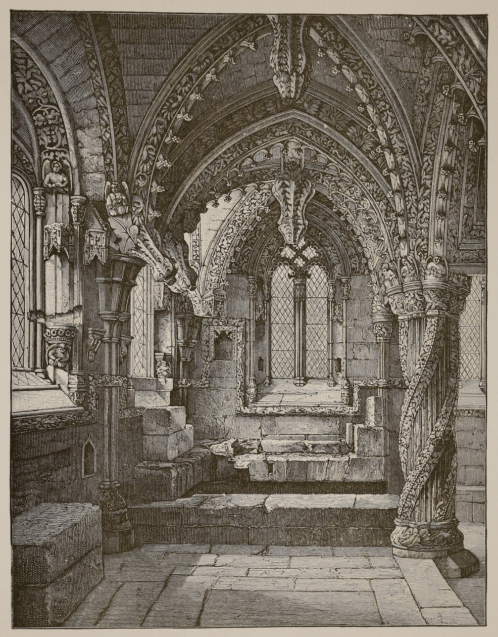 Sør-øst hjørne av Lady Chapel, Rosslyn (sepia-bilde) av Scottish School