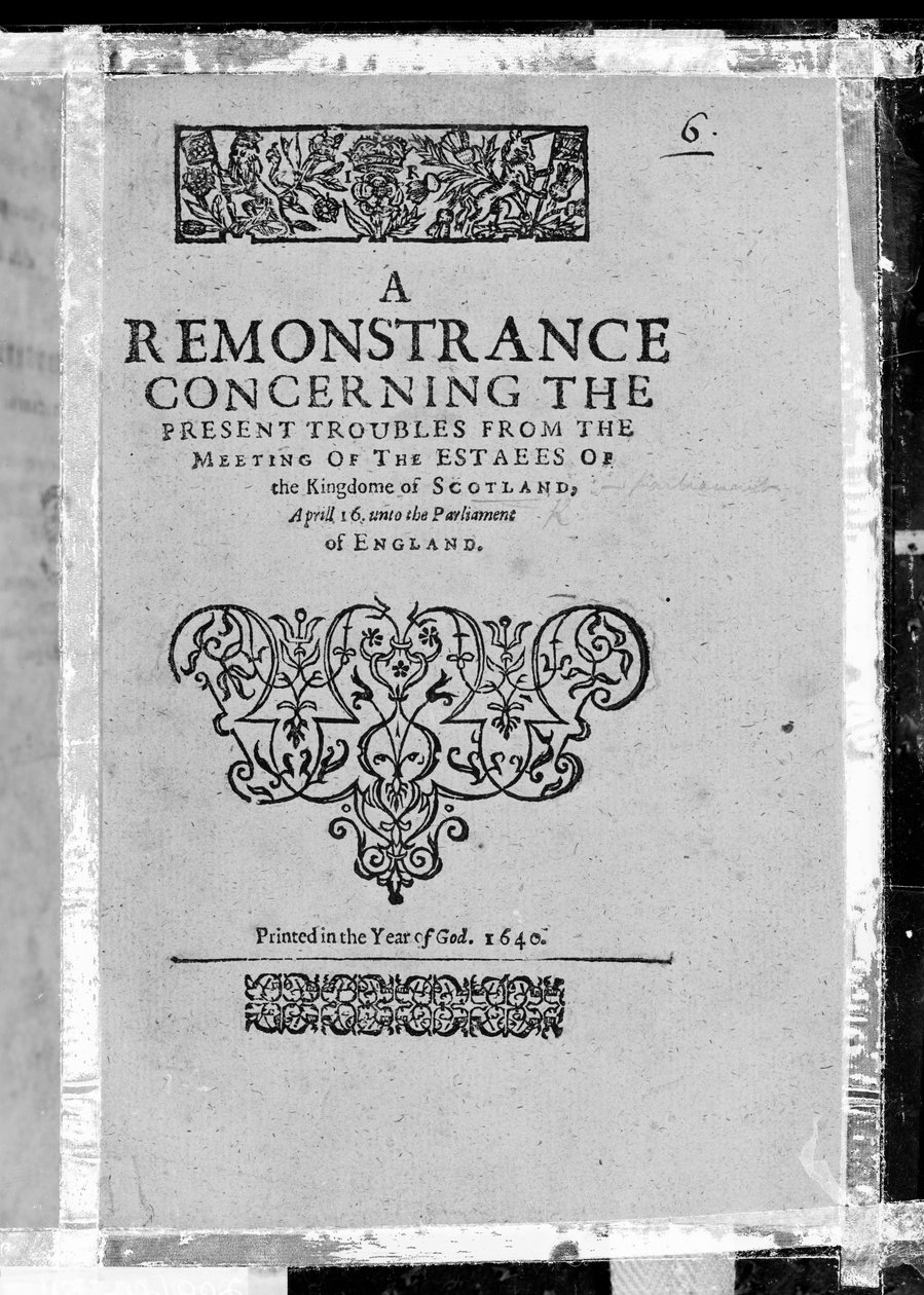 Tittelside for en remonstranse om de nåværende problemene fra møtet mellom eiendommene til Kingdome of Scotland, utgitt 1640 (trykt papir) av Scottish School
