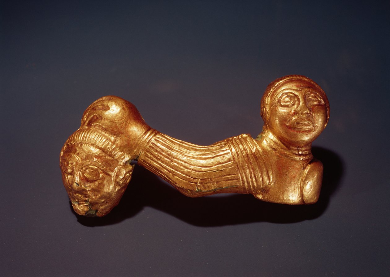 Nål med en kriger som holder et hode (bronse) av Scythian