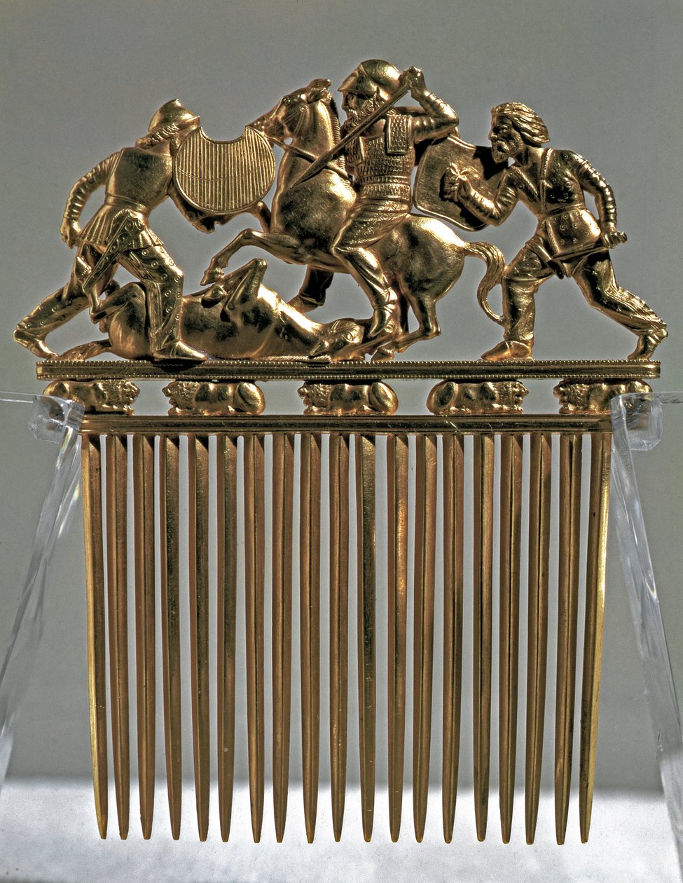 Art Scythian (Scythian sivilisasjon): gullkam dekorerer scener av kamper med skytiske krigere (Kam med en kampscene). Fra tumulusen til Solokha i Russland (i dag Ukraina). 5.-4. århundre f.Kr. Sol. 12,6x10,2 cm Eremitagemuseet, St. Petersburg av Scythian