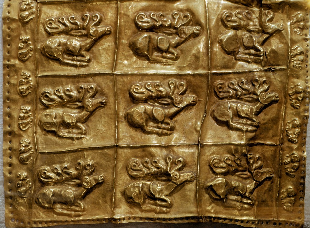 Art Scythian (Scythian sivilisasjon eller Scythia): dekke av gullkogger dekorerer dyr (hjort). Fra Tumulus n°4 i Kelermes, Krasnodar-regionen, Kuban, Russland, 700-tallet f.Kr. av Scythian