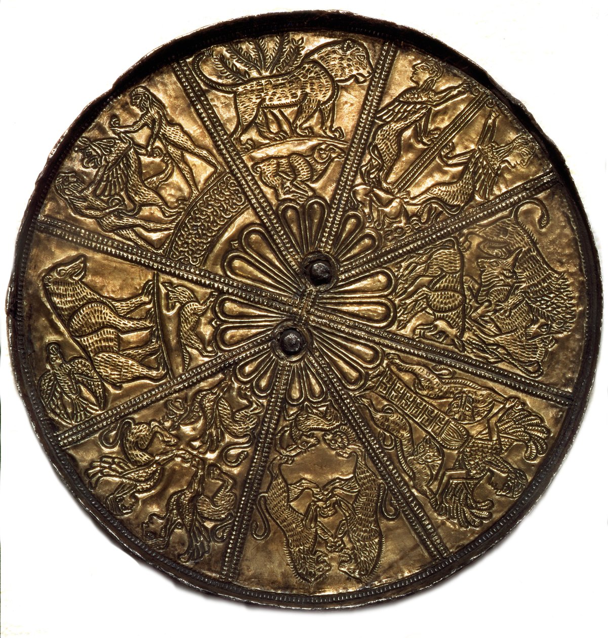 Art Scythian (skytisk eller skytisk sivilisasjon): sølvspeil dekket med gull fra tumulus n°4 i Kelermes, Krasnodar-regionen til Kuban i Russland (650-620), 7. århundre f.Kr. St. Petersburg, Eremitagemuseet av Scythian