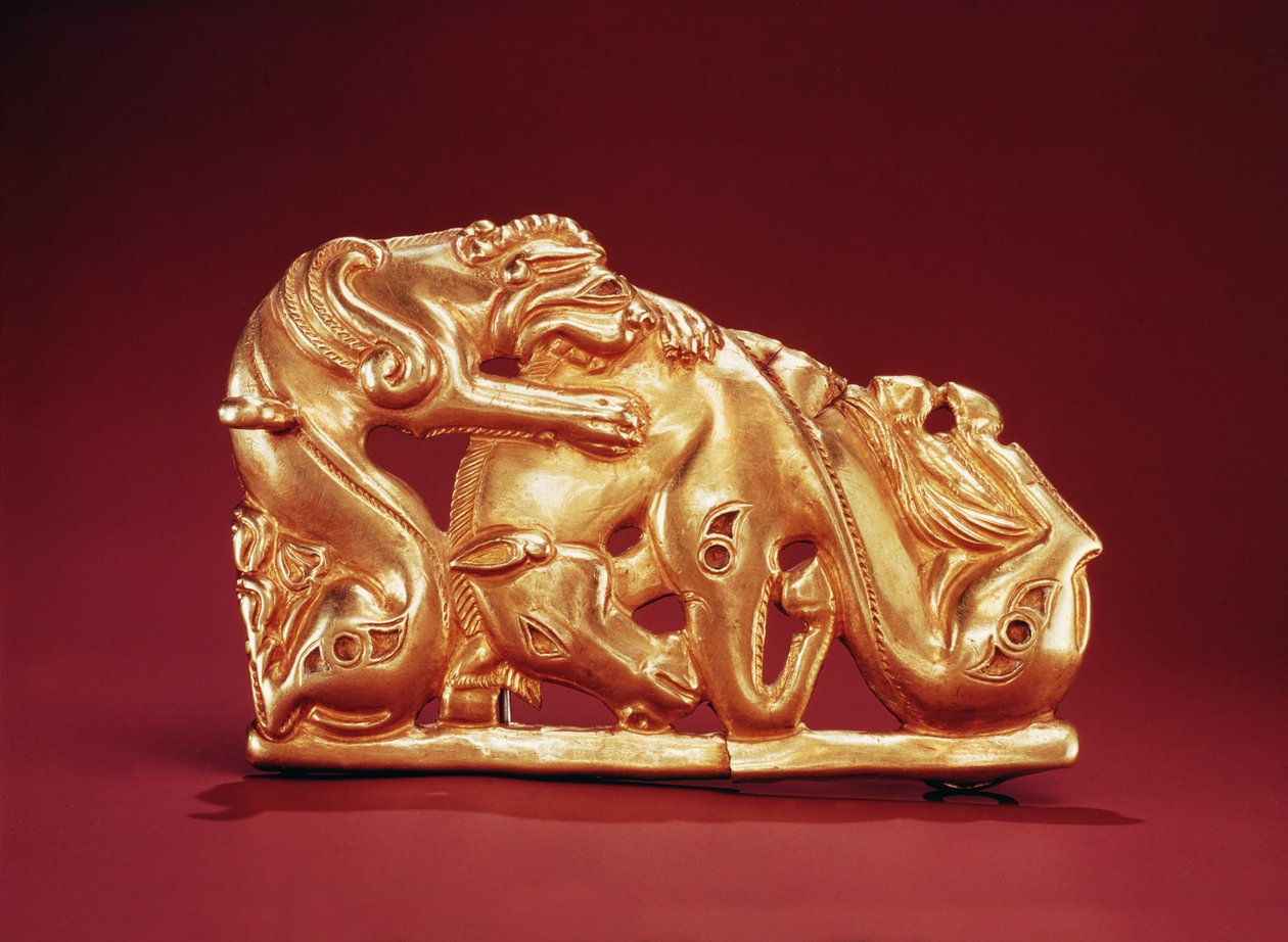 Plakett som viser en Griffin som angriper en hest (gull og turkis) av Scythian