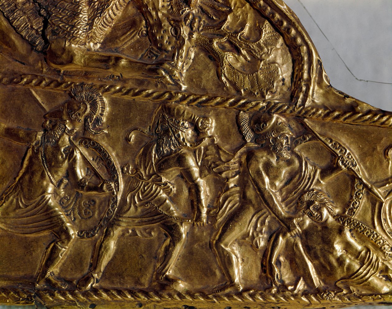 Art Scythian (skytisk eller skytisk sivilisasjon): belegg av skap i gull med representasjon av et slag mellom grekerne mot barbarene, 600-tallet f.Kr. St. Petersburg, Eremitagemuseet av Scythian Scythian
