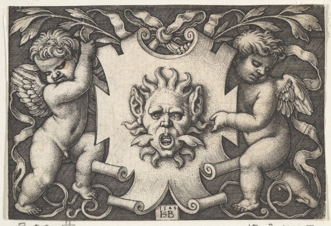 A Mask on a Escutcheon Supported by Two Genii, 1544. av Sebald Beham