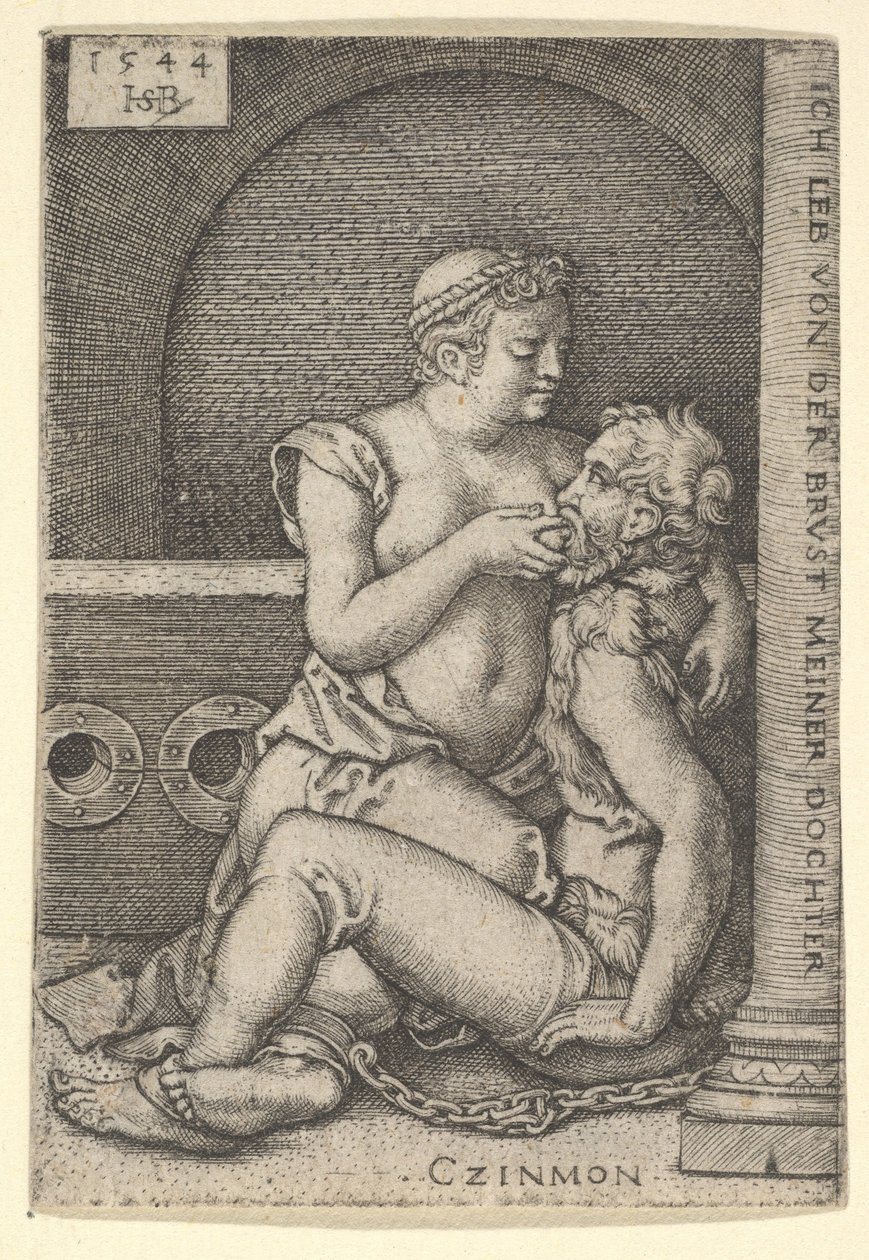 Cimon satt mot en søyle til høyre, og die fra Pero som kneler ved siden av ham, 1544. av Sebald Beham