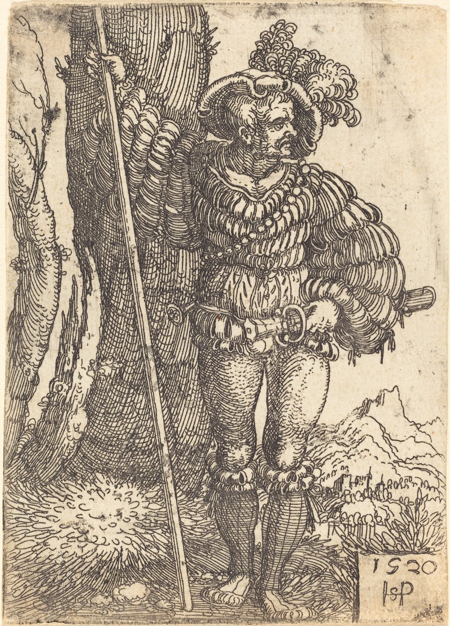 Fotsoldat som står ved et tre av Sebald Beham