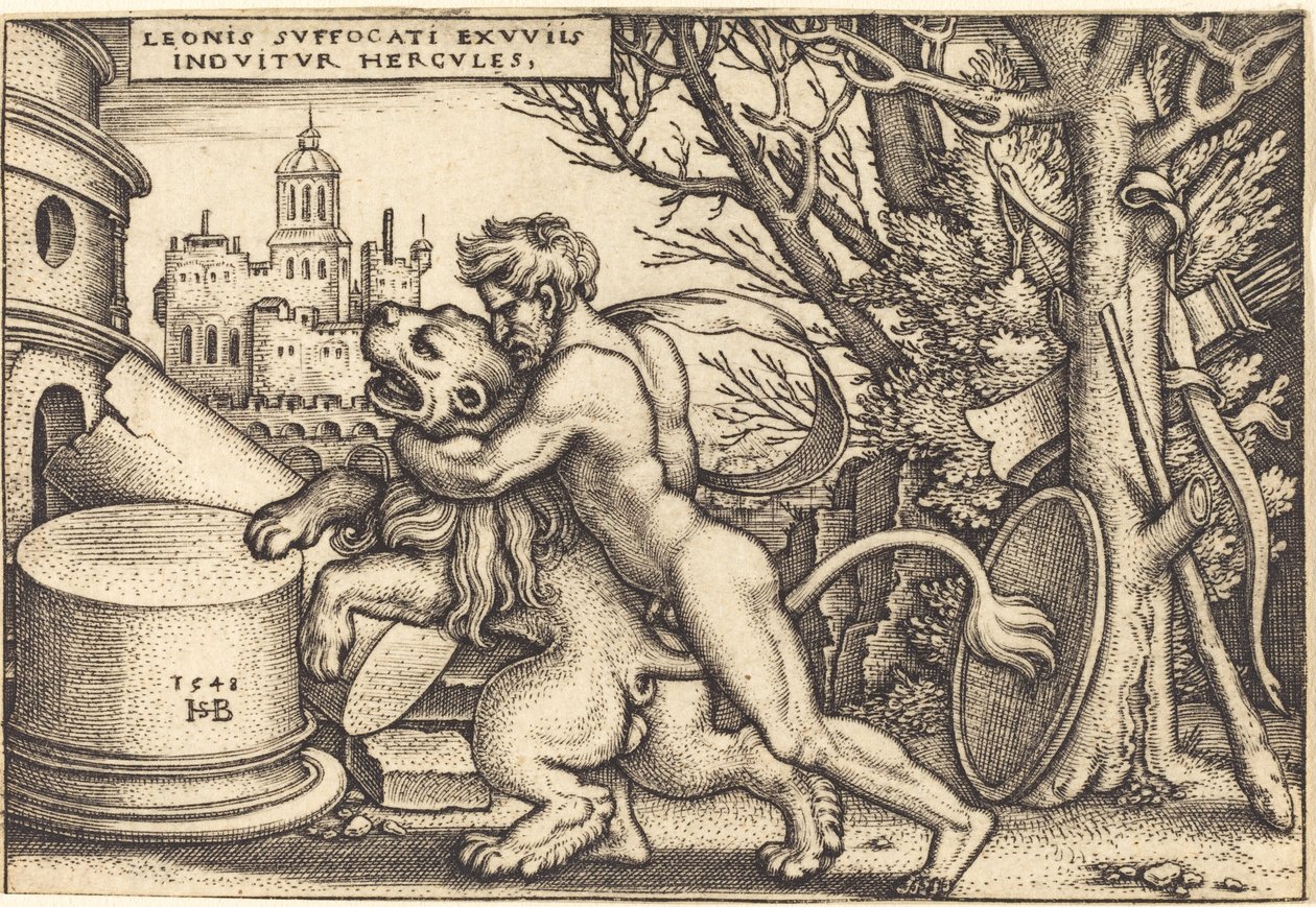 Hercules dreper Nemean Lion av Sebald Beham