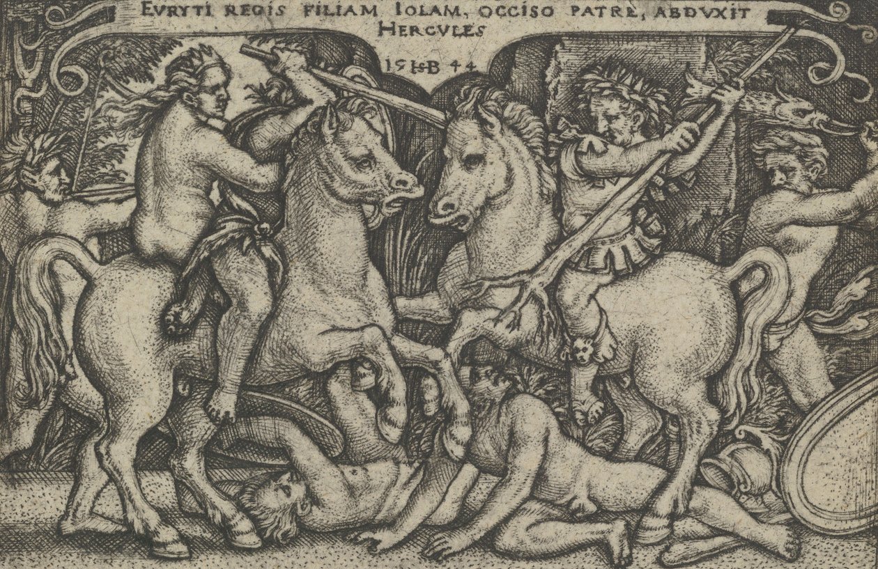Hercules bortfører Iole, fra The Labours of Hercules, 1544. av Sebald Beham