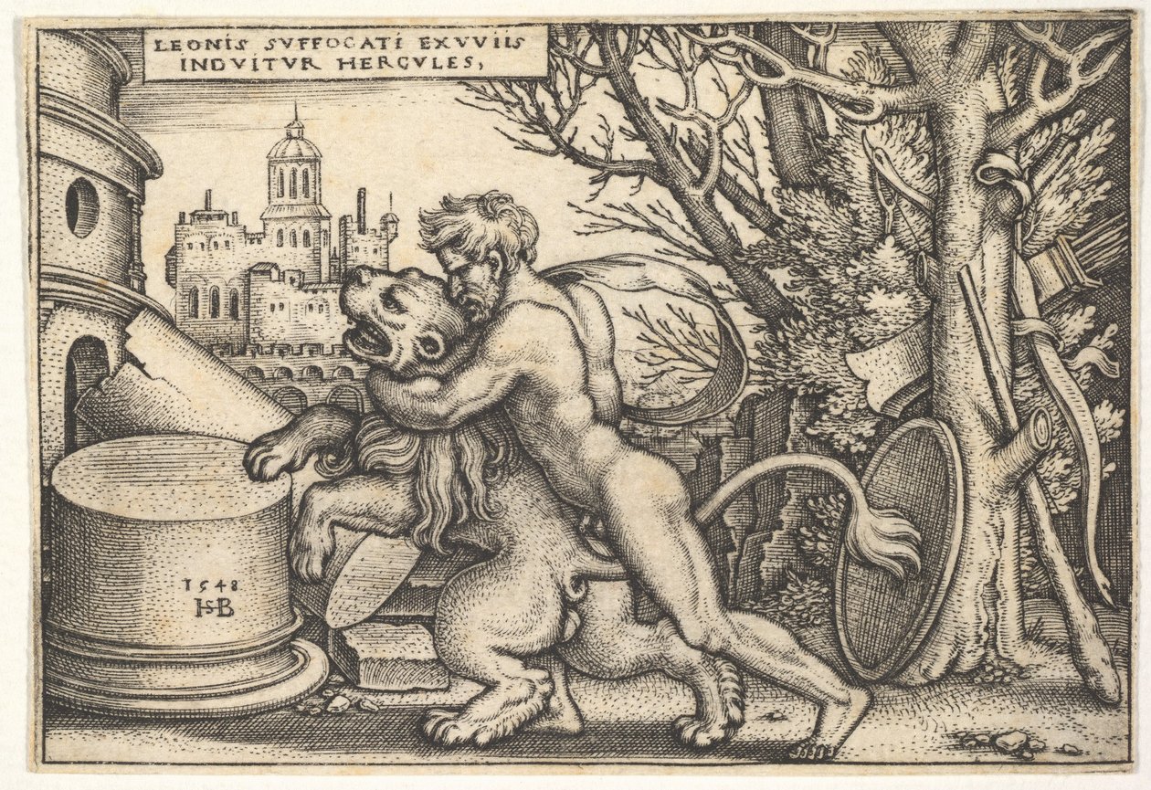 Hercules, i profil, dreper Nemean-løven med armen rundt halsen, fra 