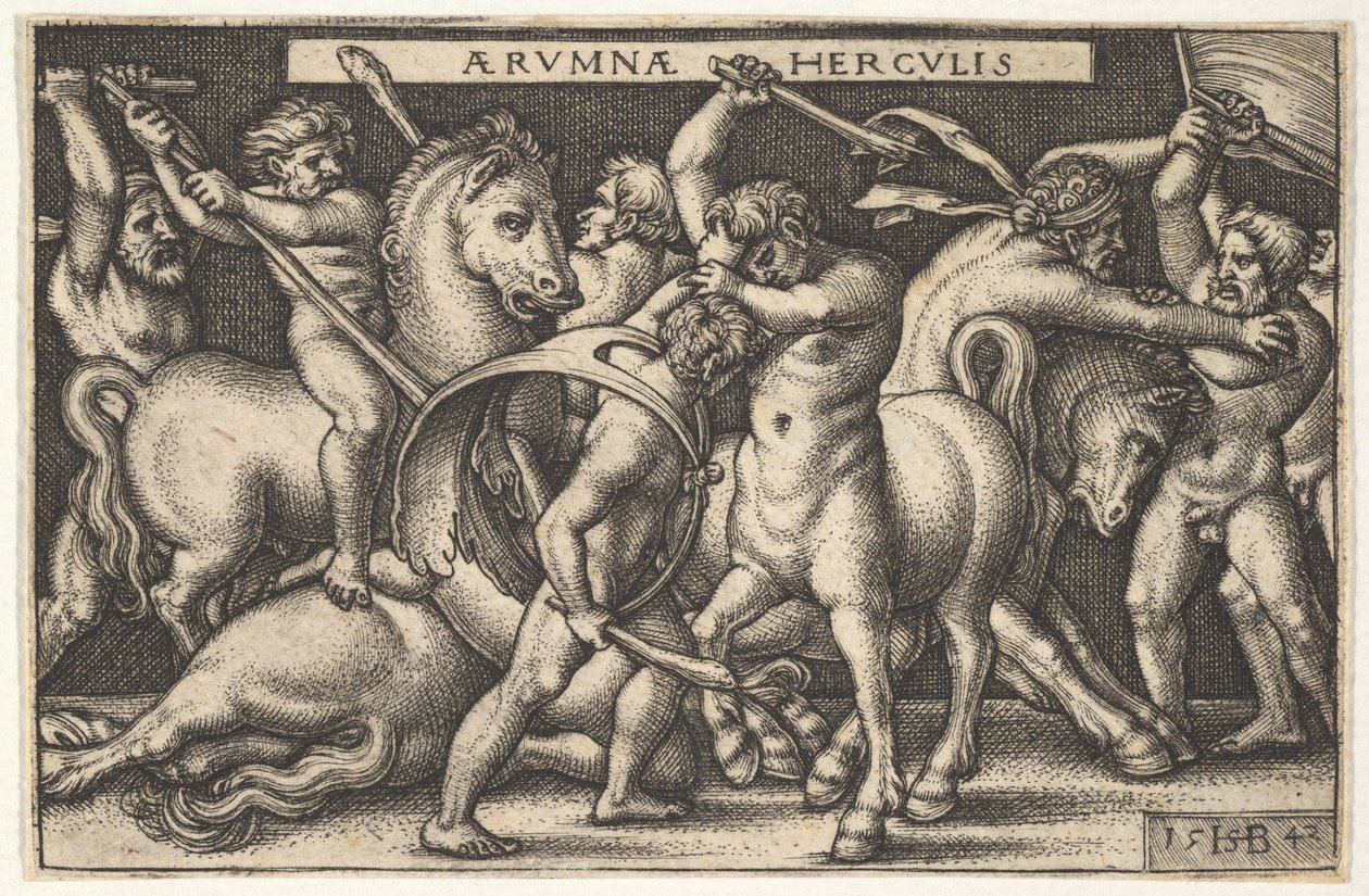 Hercules med klubben sin i sentrum kjemper mot en kentaur, andre menn kjemper mot kentaurer til venstre for en..., 1542. av Sebald Beham