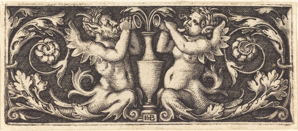 Ornament med to tritoner som blåser horn av Sebald Beham