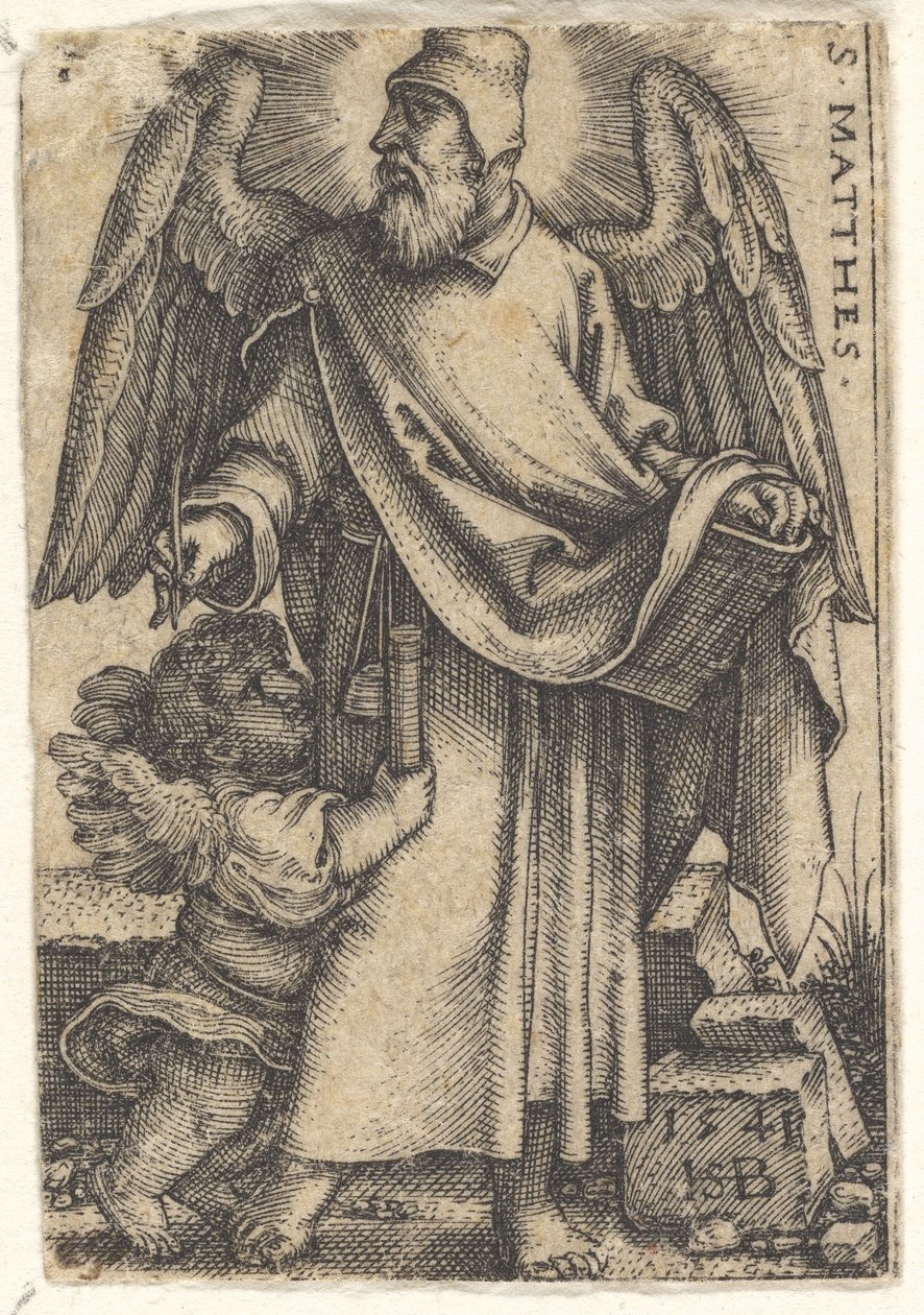 Plate 1: Saint Matthew med hodet snudd i profil til venstre, en kjerub nederst til venstre..., 1541. av Sebald Beham