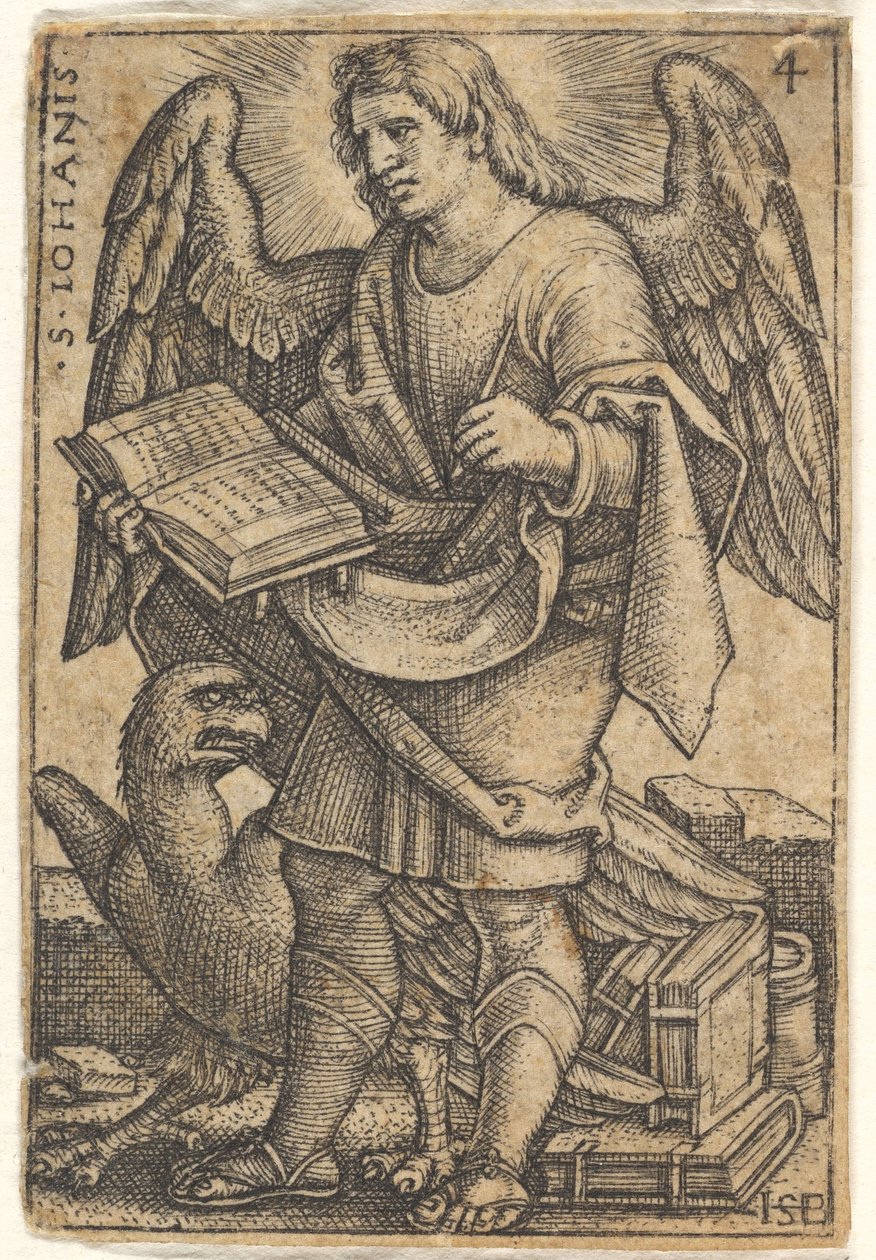 Plate 4: Saint John med hodet vendt tre fjerdedeler til venstre, med en bok i ri..., 1541. av Sebald Beham