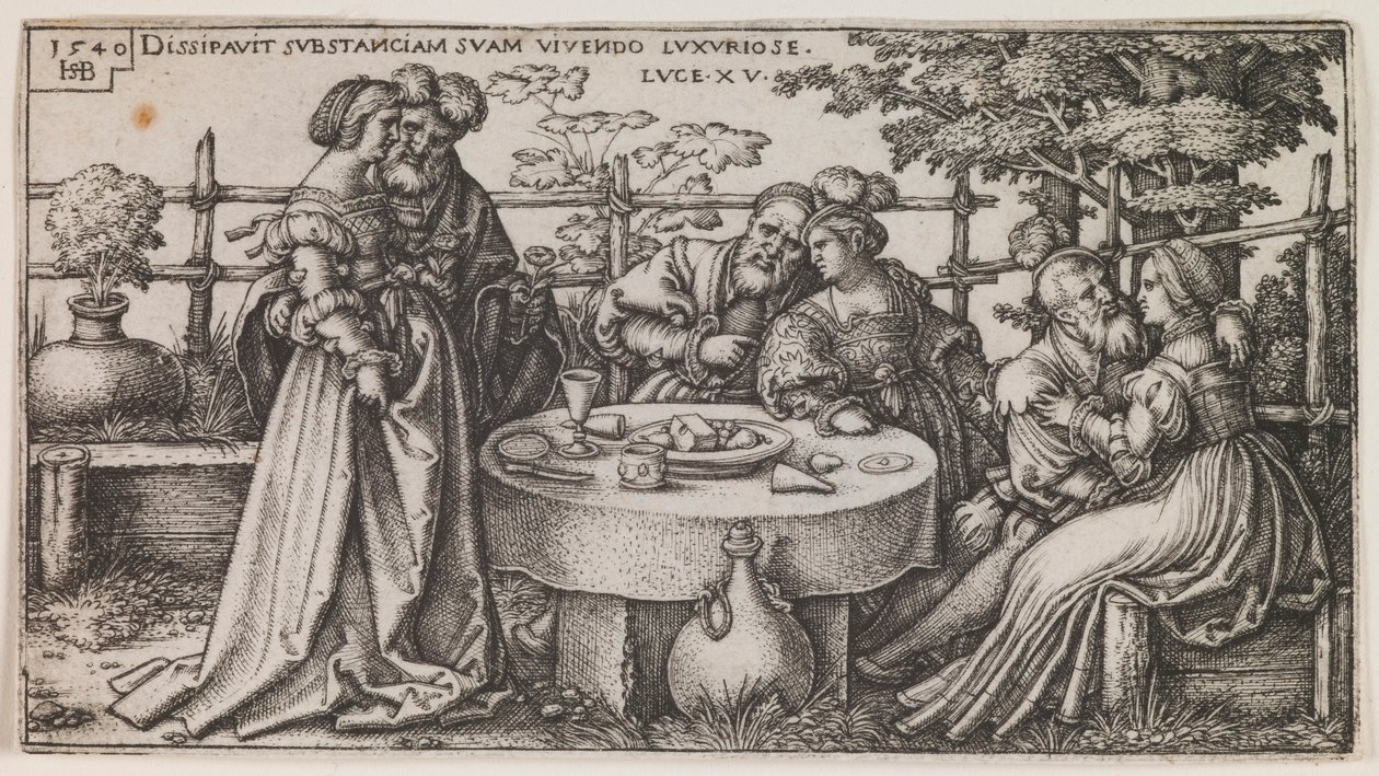 The Prodigal Son Wasting his Fortune, fra serien "The History of the Prodigal Son" av Sebald Beham
