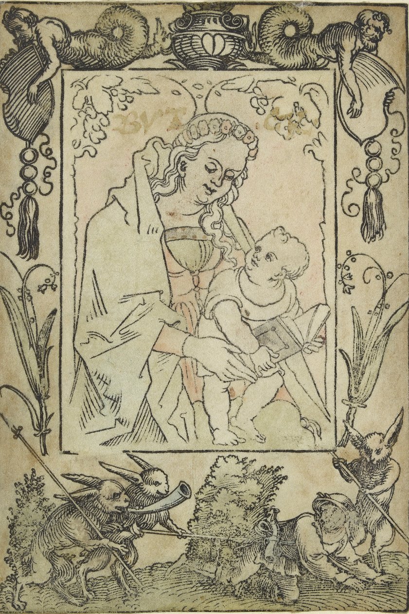 Jomfruen og barnet omgitt av en grense med en jeger og noen kaniner, 1500-tallet av Sebald Beham