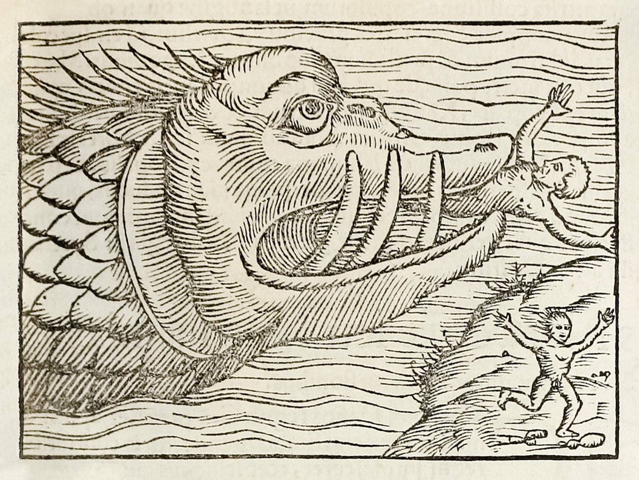 Uhyrlig hval som sluker mennesker, fra 1550-utgaven av Cosmographia av Sebastian Munster av Sebastian Munster