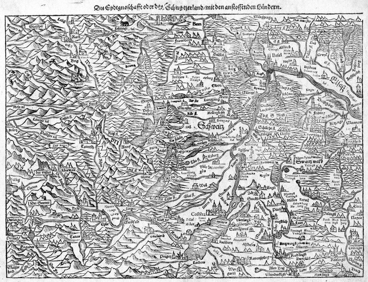 Gammelt kart over Sveits av Sebastian Münster, 1550 av Sebastian Munster