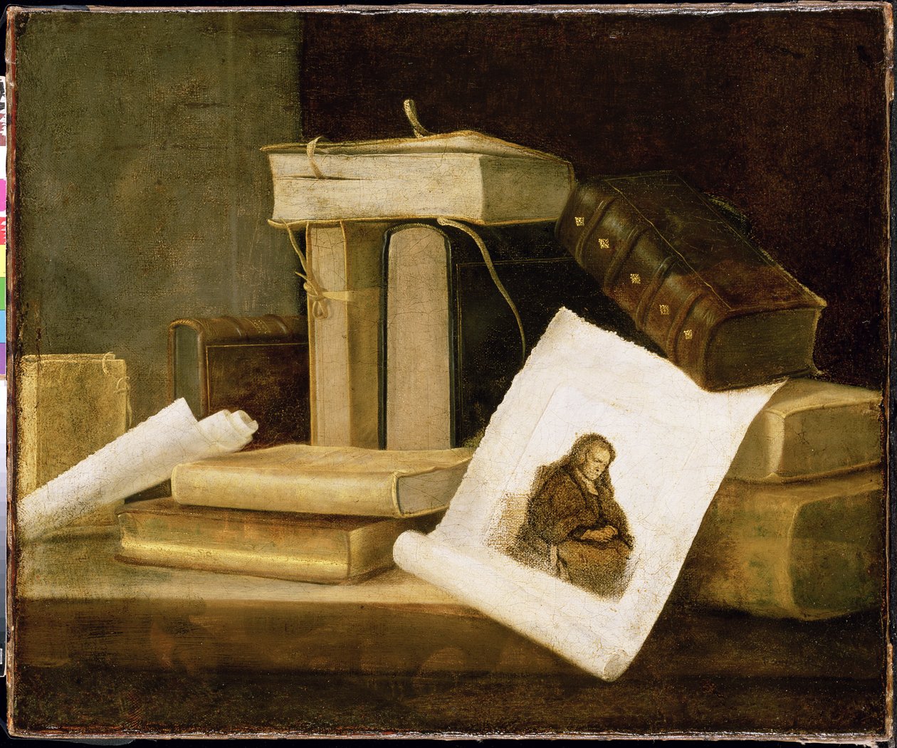 Stilleben av bøker og en Rembrandt-gravering av Sebastian Stoskopff