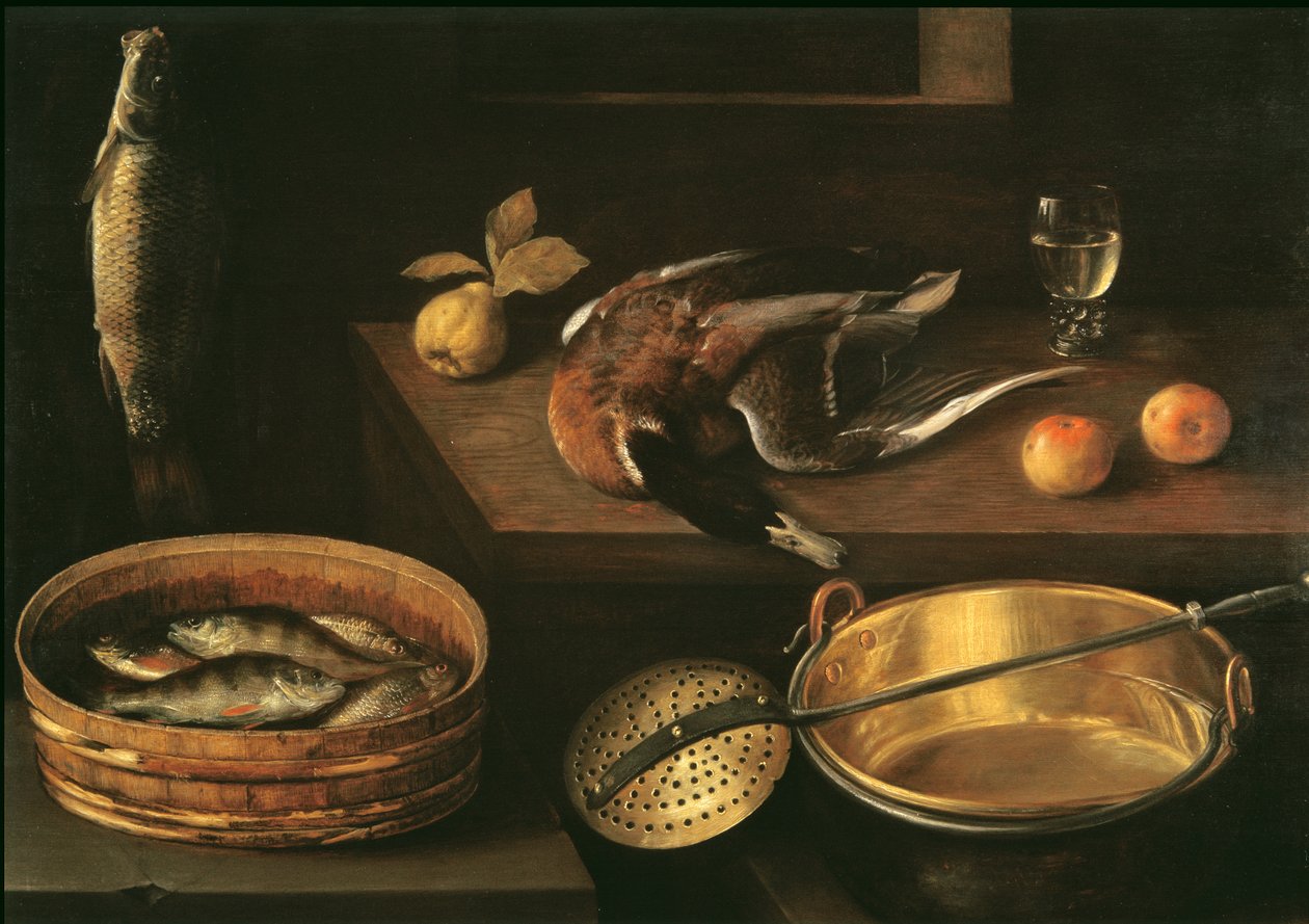 Stilleben med fisk og en and av Sebastian Stoskopff
