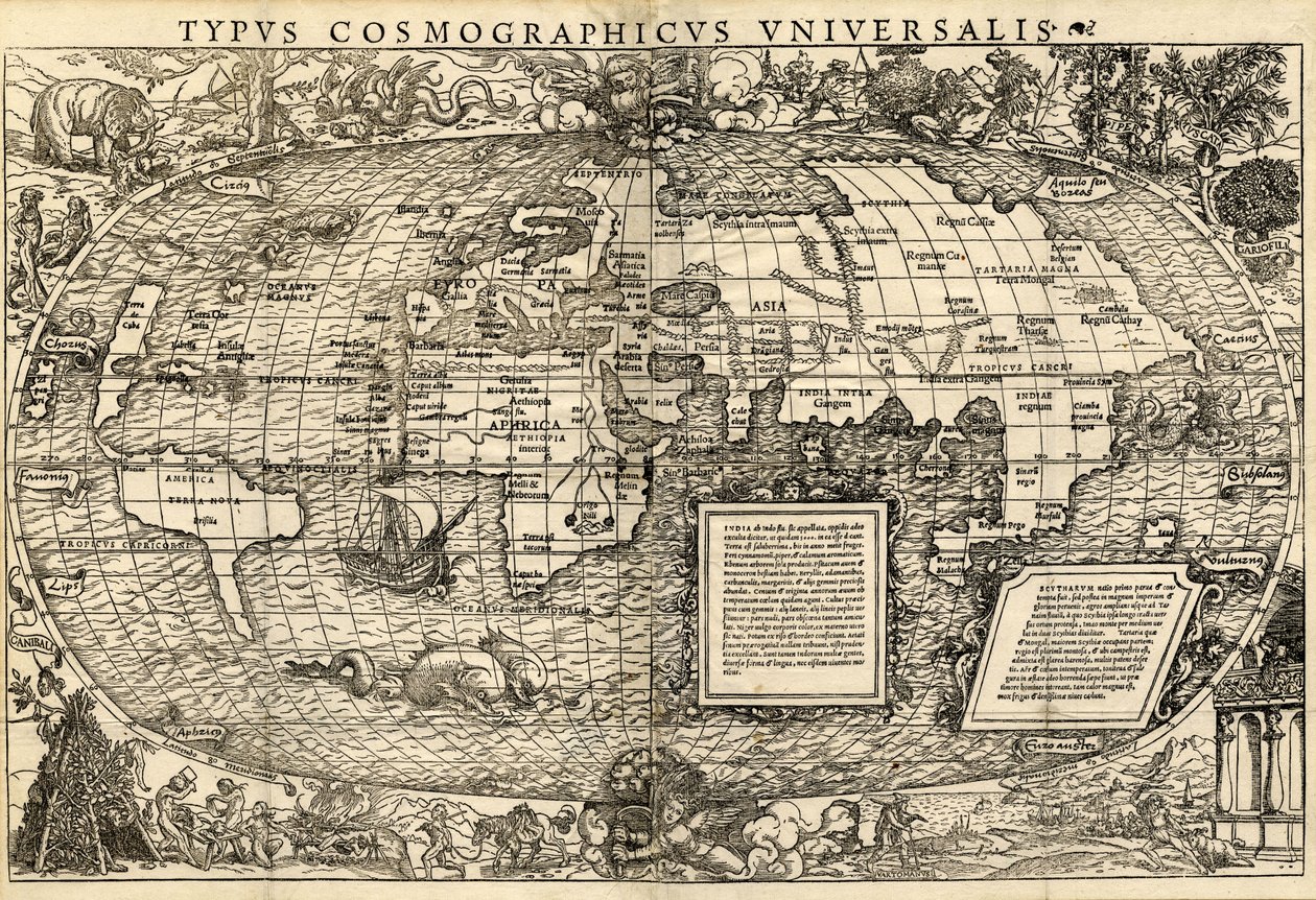 Typus Cosmographicus Universalis (verdenskart), ca. 1532 (tresnitt) av Sebastian & Holbein Hans the Younger Münster