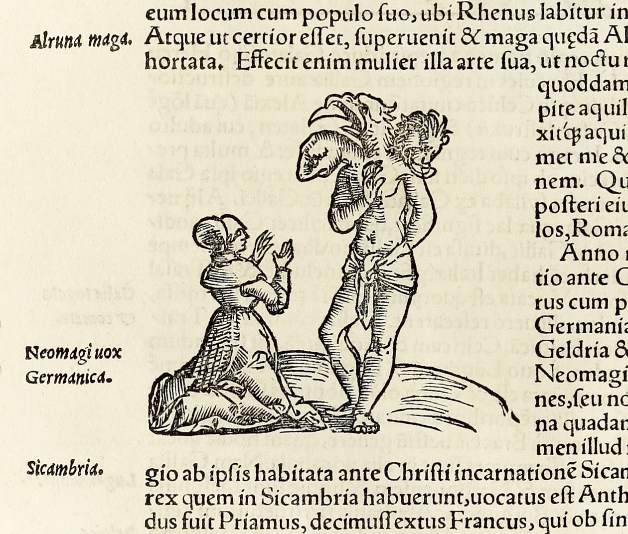 En heks tilkaller en trehodet demon, fra 1550-utgaven av 