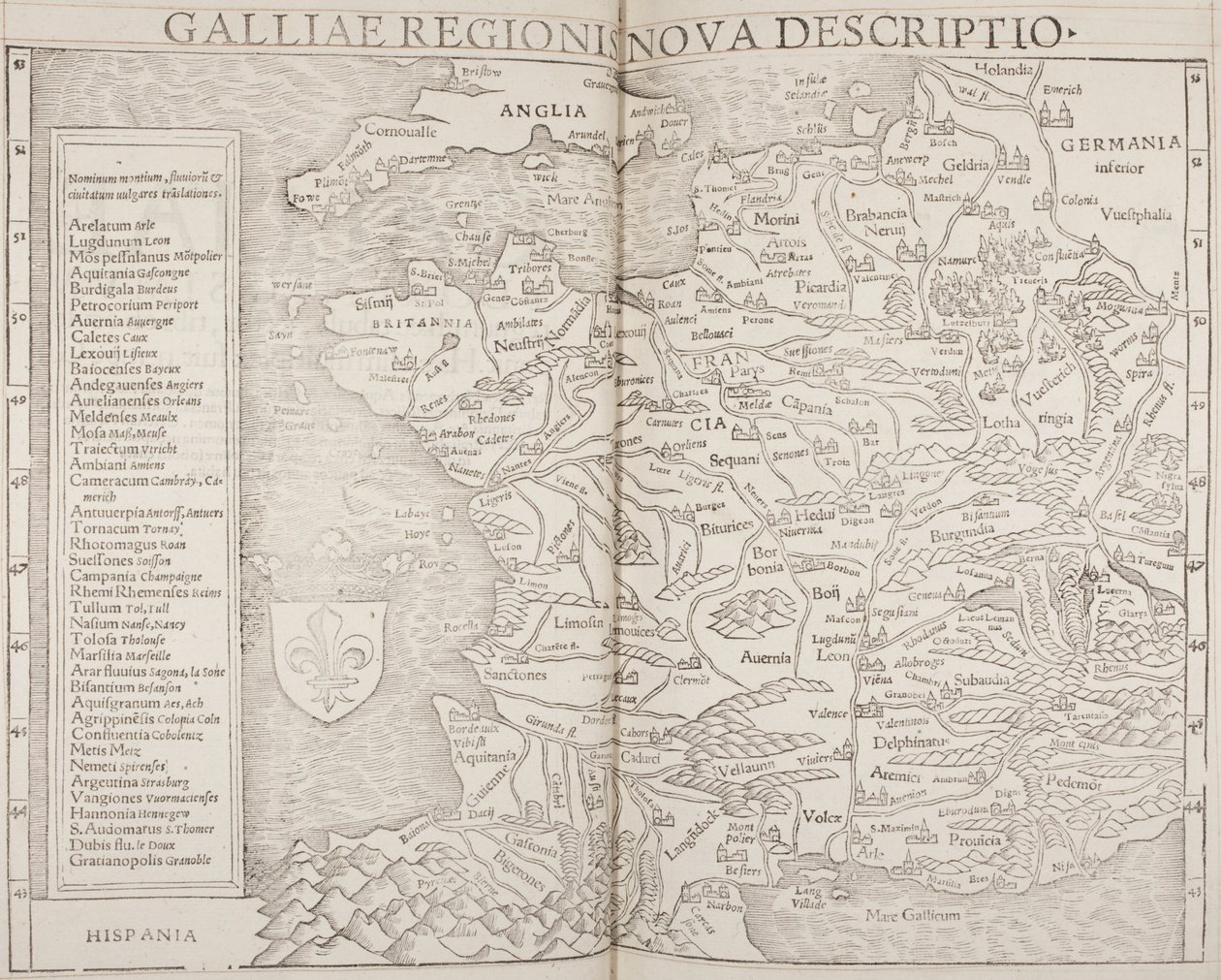 Cosmographia, detalj av Gallia av Sebastian Munster