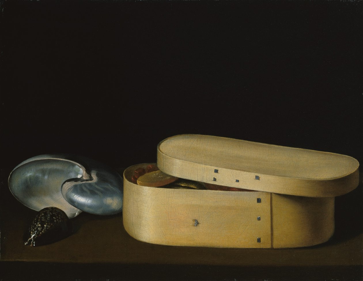 Stilleben med skjell og en trespånboks, sent på 1620-tallet. av Sebastian Stoskopff