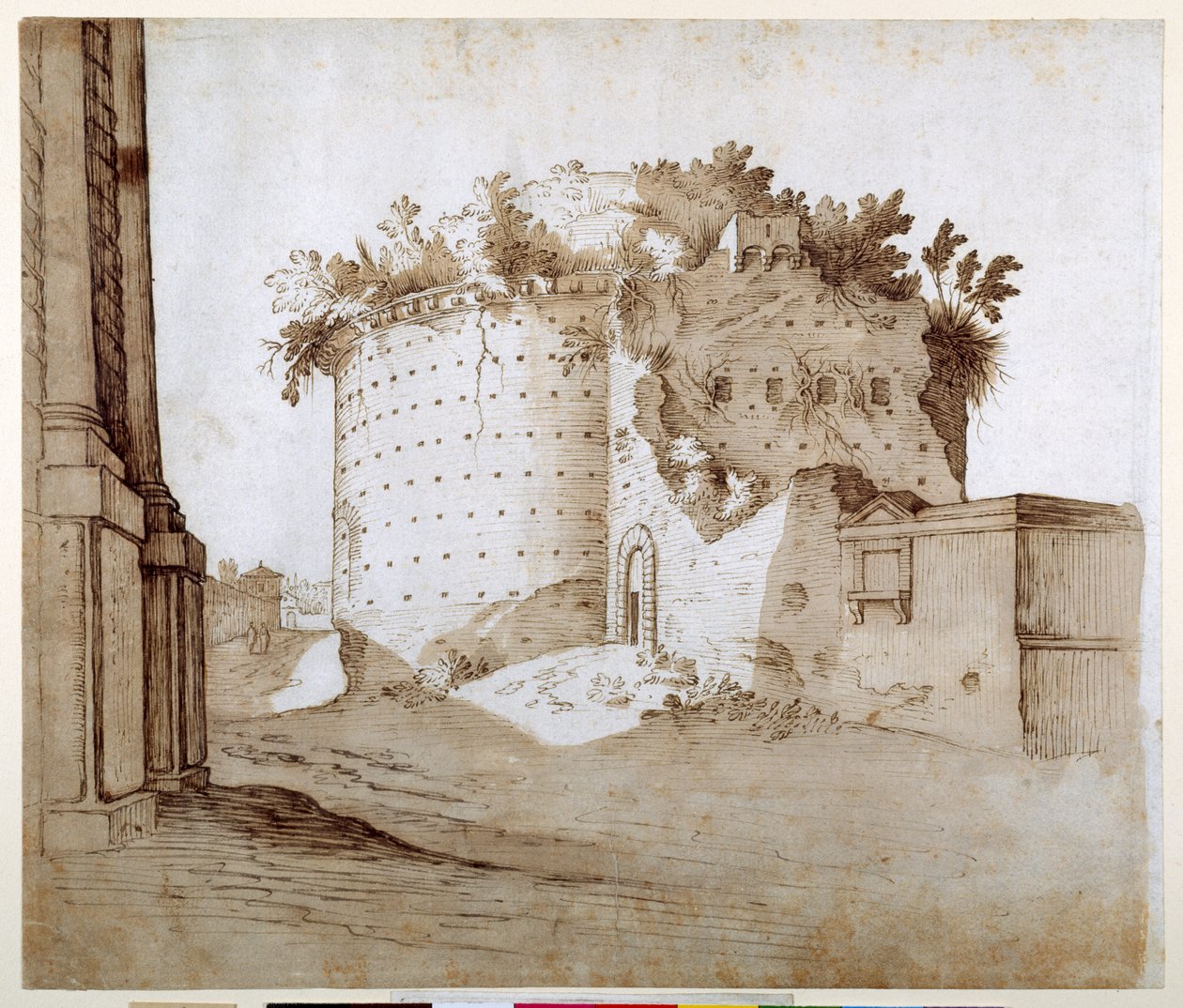 Et mausoleum (penn og brunt blekk på papir) av Sebastian Vrancx