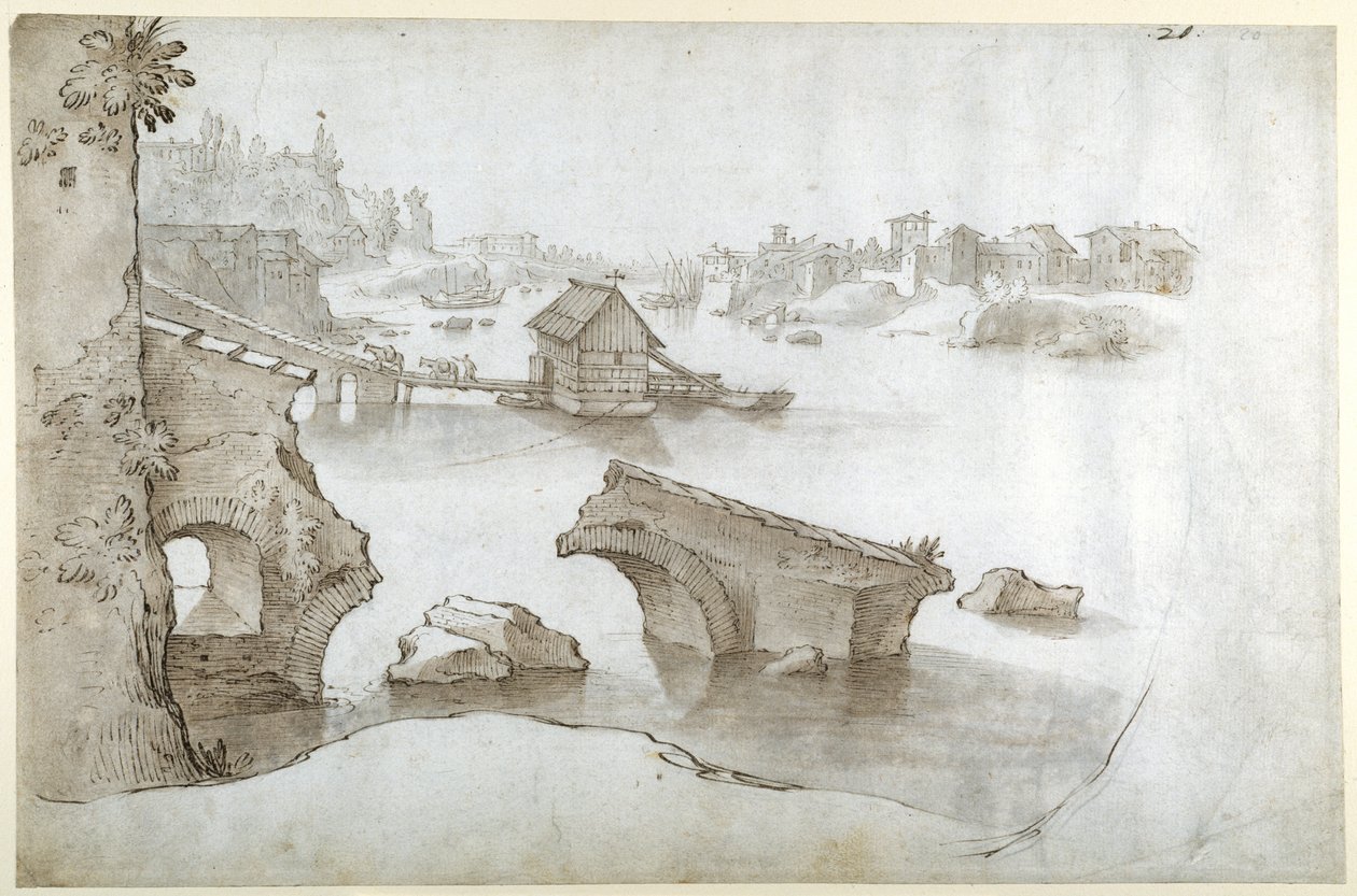En Tiber-utsikt med ruinene av Ponte Rotto (over Aventine), Marmorata og Ripa Grande (penn og brunt blekk med brune og grå vasker på hvitt papir) av Sebastian Vrancx