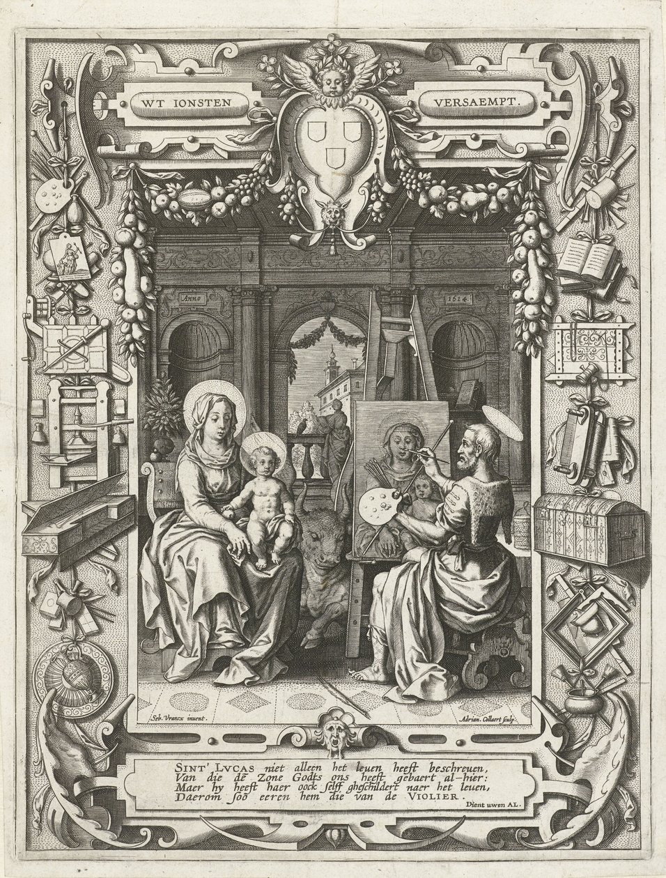 Våpenskjold fra Saint Luke-lauget med Saint Luke-maleri Madonna og barn, 1620-21 av Sebastian Vrancx
