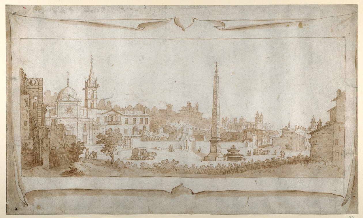 Design for en frontispice med utsikt over Roma inne i Porta del Popolo og utsikt over Pincio (penn og blekk med vask på papir) av Sebastian Vrancx