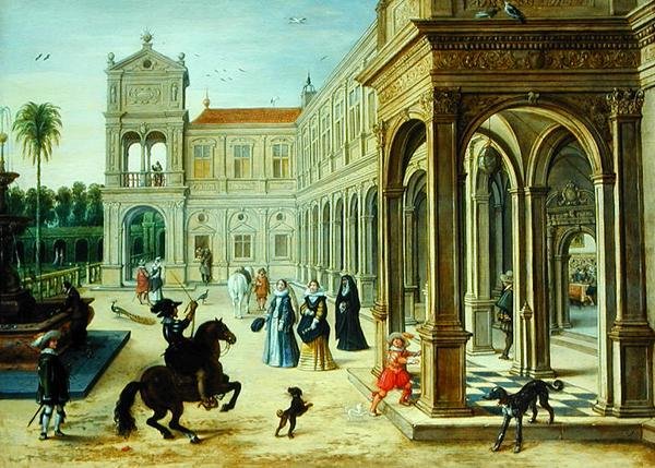 Rytter og elegante figurer utenfor en palassgård (olje på panel) av Sebastian Vrancx