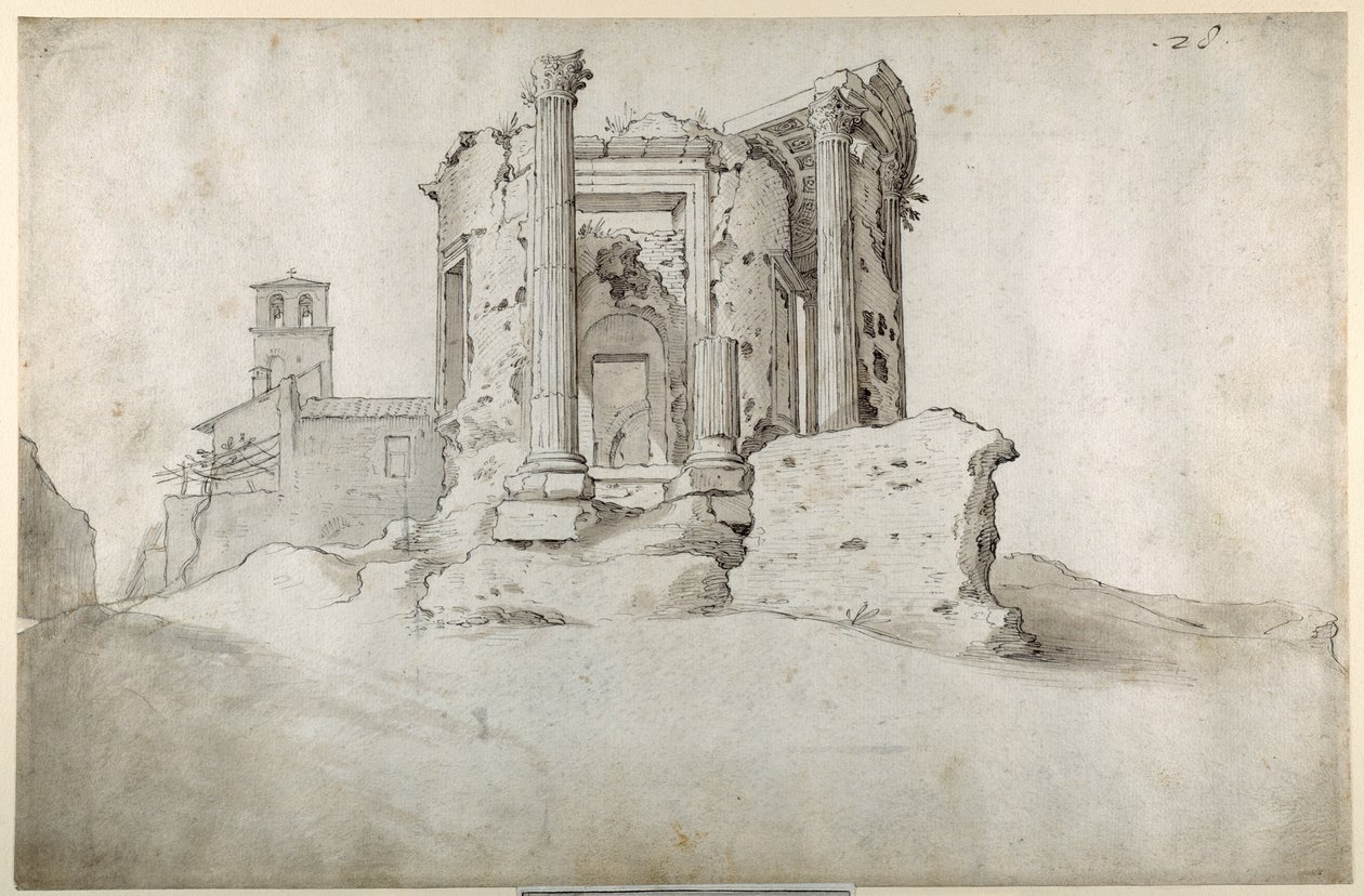 Ruinene av Temple of the Tiburtine Sibyl i Tivoli (penn og brunt blekk med gråbrun vask på hvitt papir) av Sebastian Vrancx