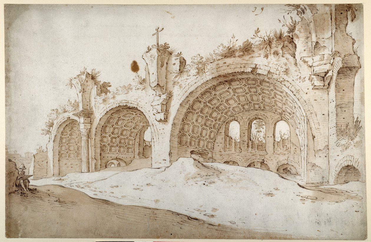 Basilica of Constantine and Maxentius (penn og brunt blekk med brun vask på hvitt papir) av Sebastian Vrancx