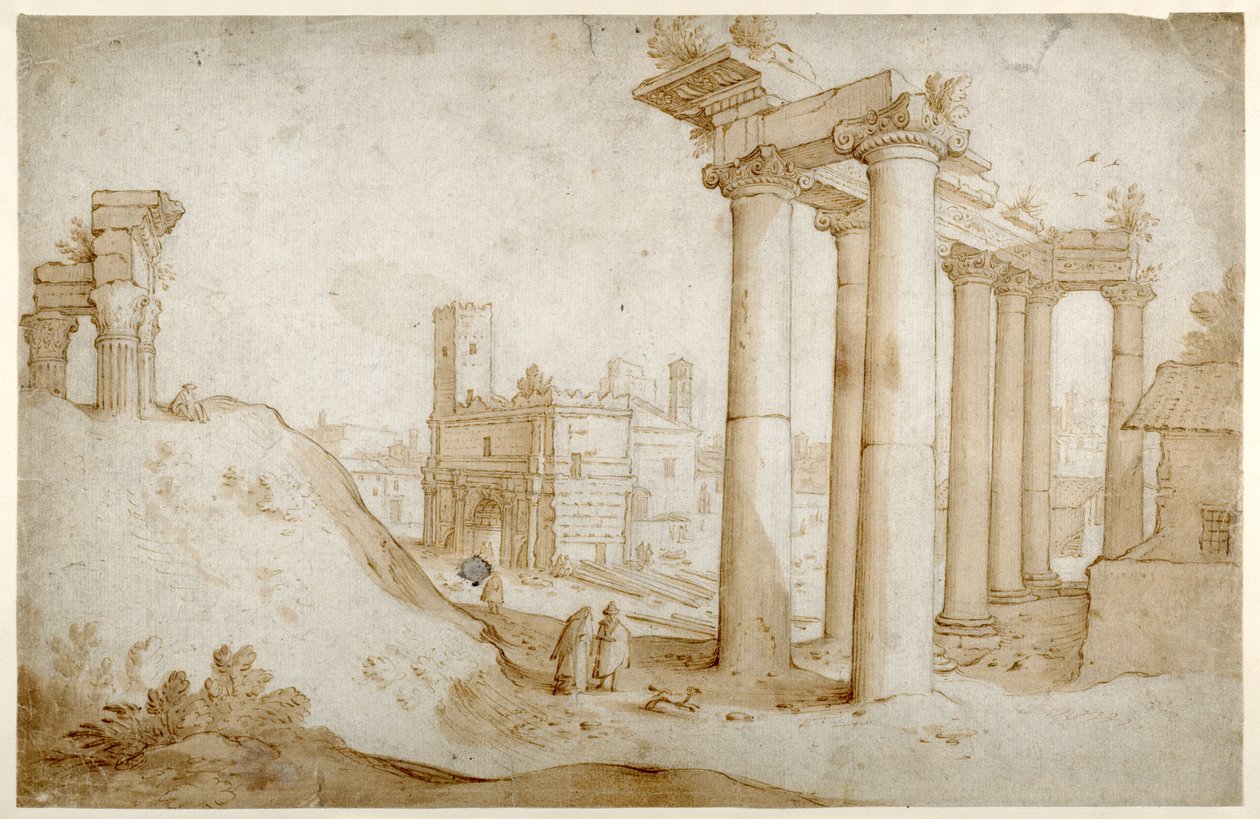 Forum Romanum med Titus- og Vespasian-tempelet, Saturn-tempelet og Septimius Severus-buen (Penn og brunt blekk med brun vask, på papir) av Sebastian Vrancx