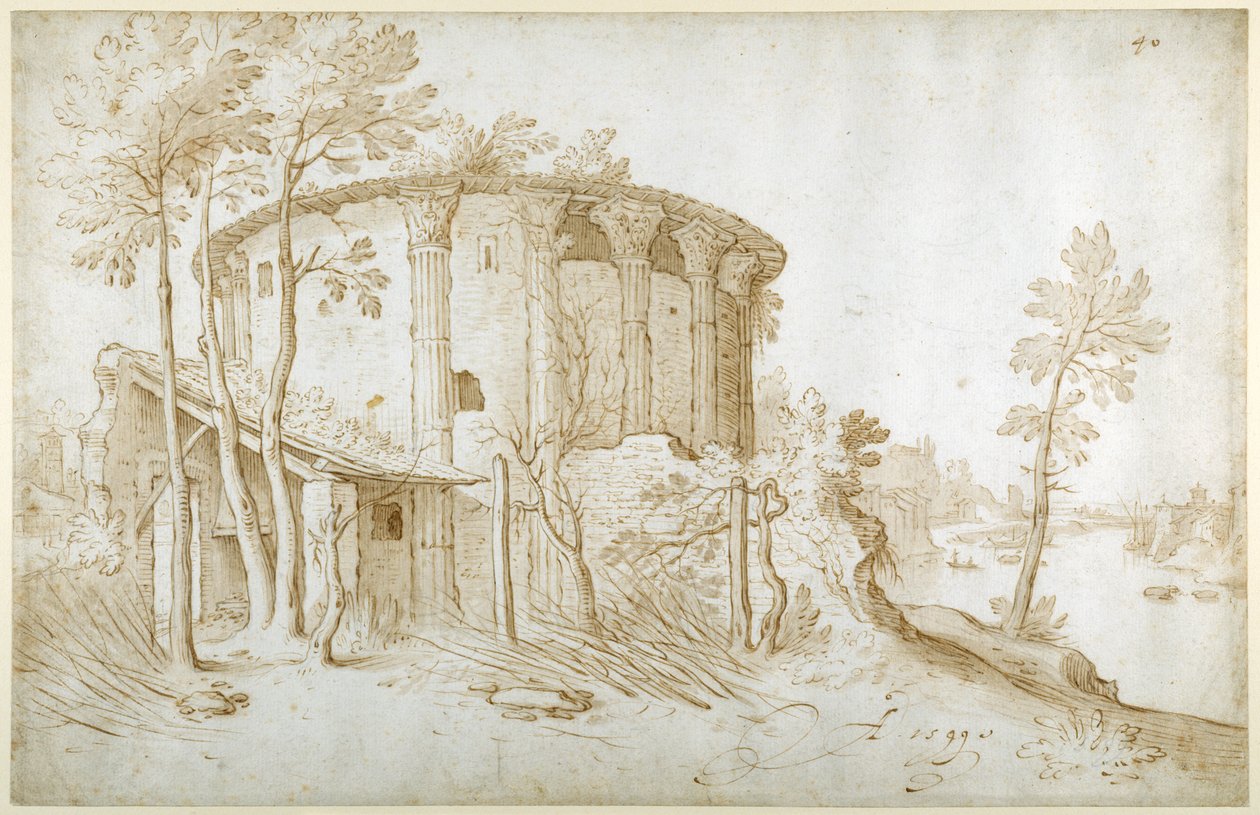 Vesta-tempelet i Forum Boarium, sett fra nord, Tiberen til høyre, ca. 1650 (penn og blekk med vask på papir) av Sebastian Vrancx