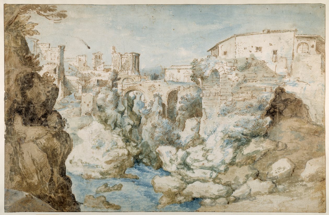 Utsikt over Tivoli med Temple of the Tiburtine Sibyl and the Falls (penn og blekk med brun og blå vask på papir) av Sebastian Vrancx
