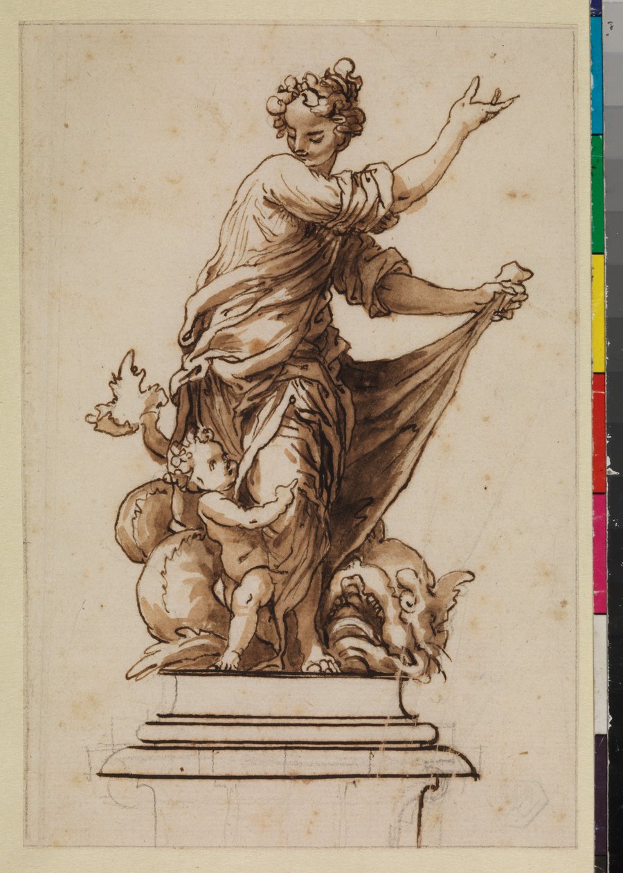 Allegorisk gruppe på sokkel med kvinneskikkelse, spedbarn og drage, 1600-tallet av Sebastian de Herrera Barnuevo