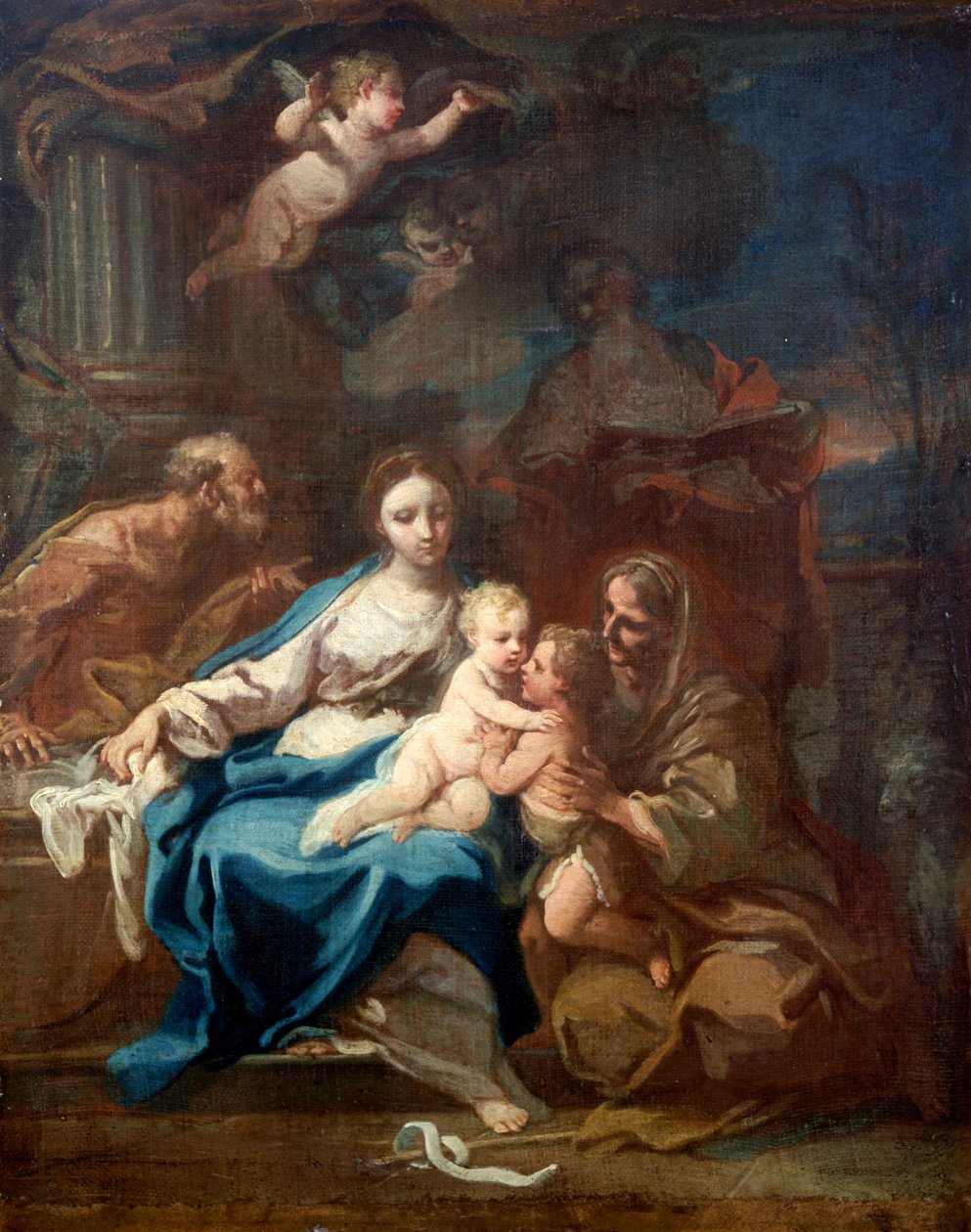 Hellig familie med St. Anne, baptisten og Zacharias av Sebastiano Conca