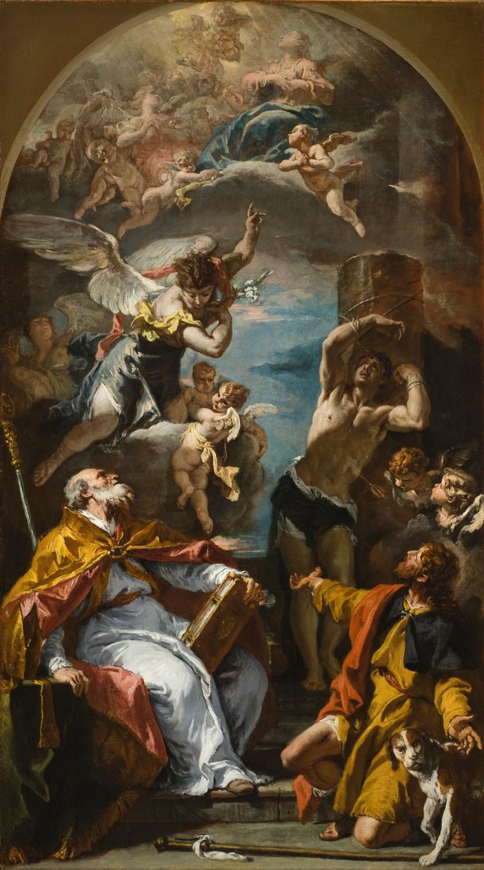 Jomfruens herlighet med erkeengelen Gabriel og de hellige Eusebius, Roch og Sebastian av Sebastiano Ricci
