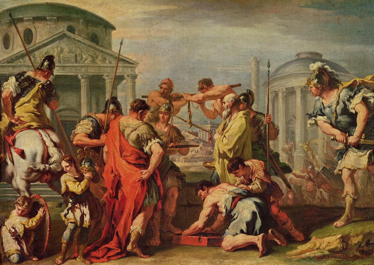 Marcus Furius Camillus (d.c.365 f.Kr.) og Brennus (fl.c.389 f.Kr.) av Sebastiano Ricci