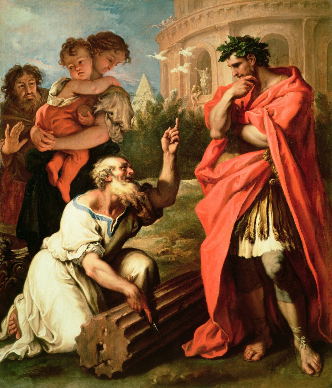 Tarquin den eldre konsulterer Attus Nevius den Augur av Sebastiano Ricci
