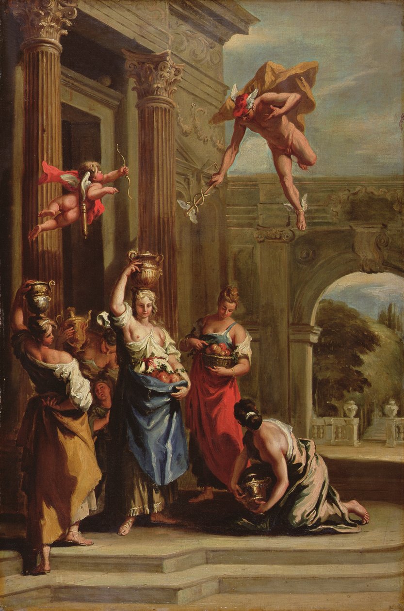 Mercury, Herse og Aglauros (olje på lerret) av Sebastiano (school of) Ricci