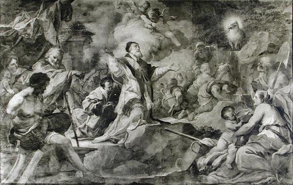 St. Clement som påkaller Guds lam for å produsere vann fra en stein på Krim (olje på lerret) (s/hvitt-bilde) av Sebastiano Conca