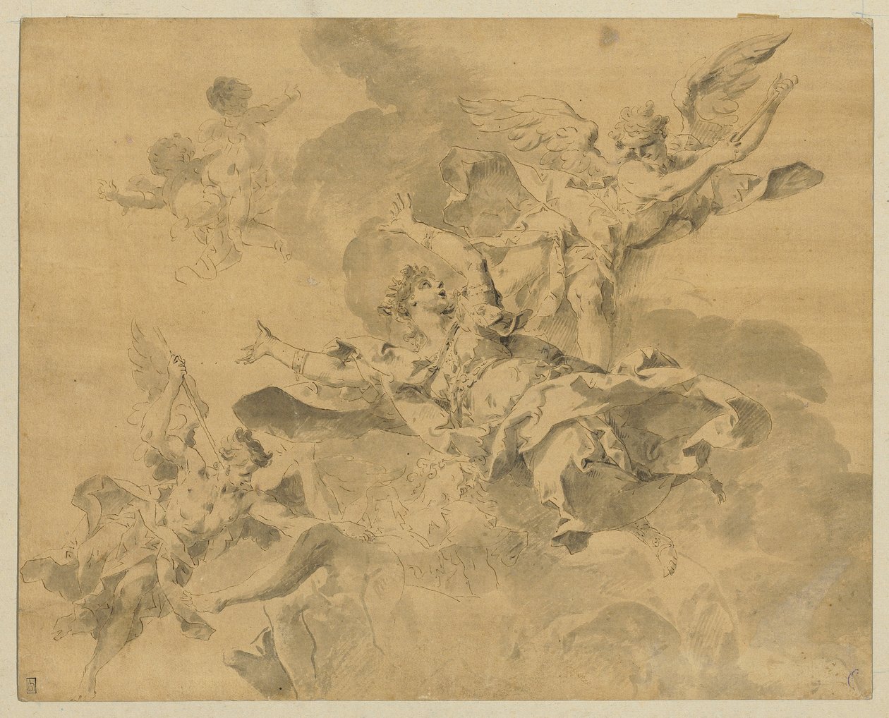 En dronning sendt til helvete av hevnende engler, ca. 1676-1746 (penn, blekk og vask på papir) av Sebastiano Galeotti