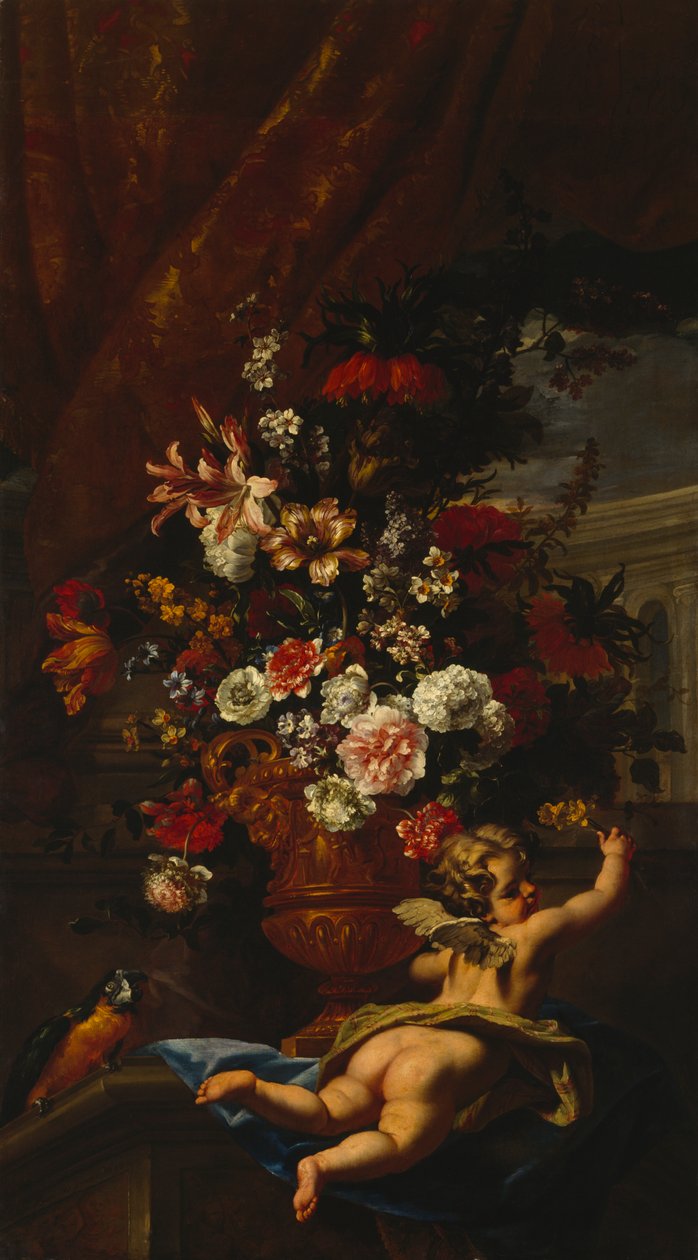 Amor og blomster (olje på lerret) av Sebastiano & Monnoyer J B (1636 99) Ricci