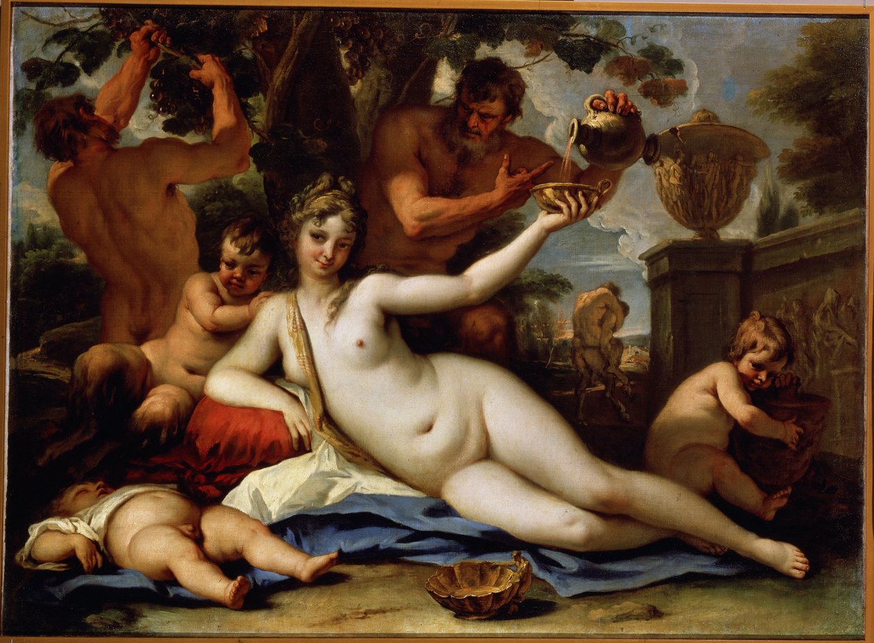 Bacchante et satyres (Bacchante og Satyrs). Satyrene plukker druene fra vintreet og serverer rødvin til bacchanten, en liggende naken kvinne. Maleri av Sebastiano Ricci (1659-1734), ca. 1713. Venetiansk kunst. Olje på lerret. Eremitagemuseet, Sa av Sebastiano Ricci