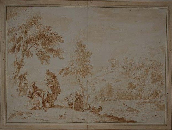 Omfattende pastoralt landskap med Hill-town, ca. 1720 (brunt blekk og vask) av Sebastiano Ricci