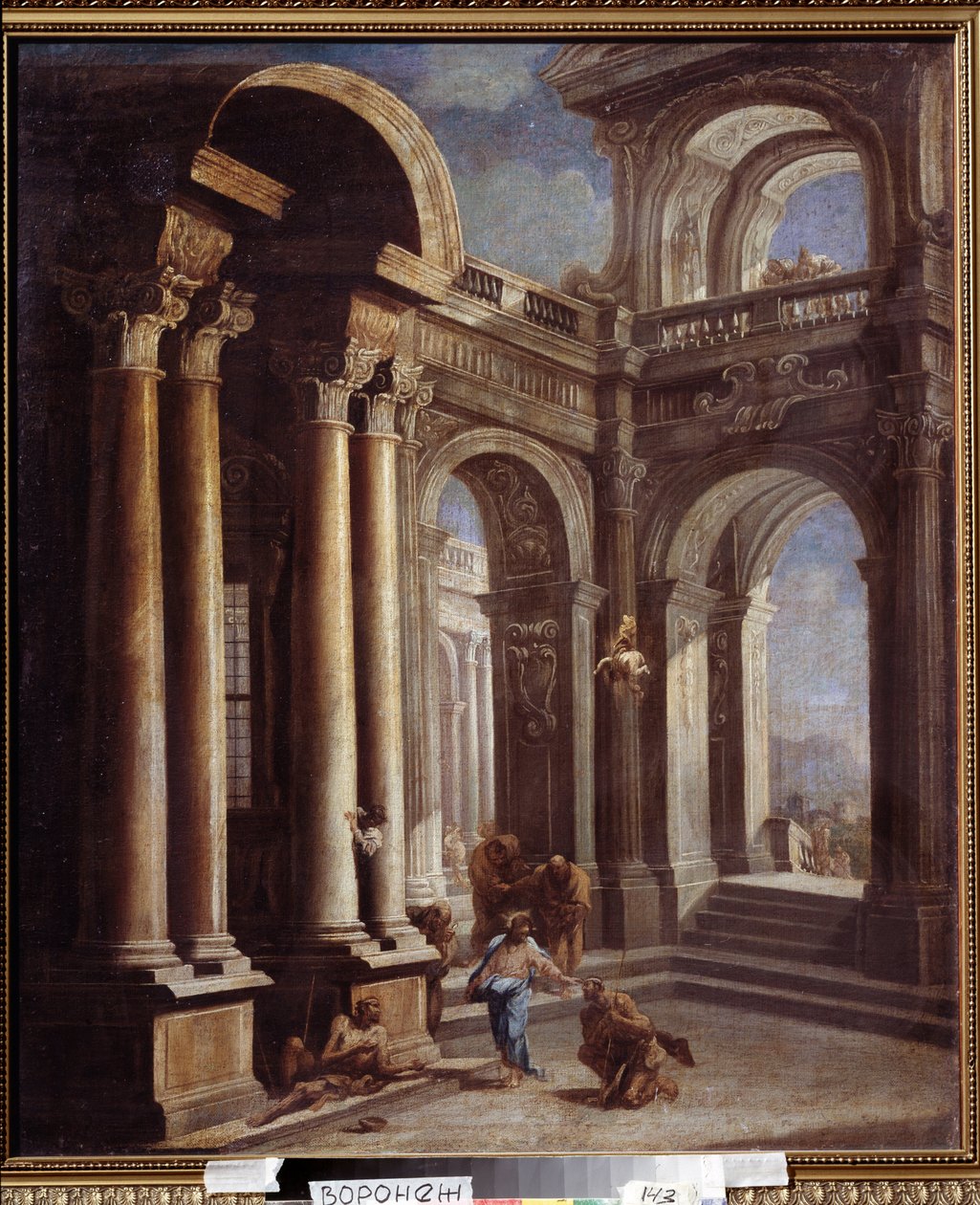 Helbredelsen av blinde Bartimeus fra Jeriko. Helbredelsen av den blinde mannen fra Jeriko. Maleri av Sebastiano Ricci (1659-1734). Olje på lerret. Barokk italiensk kunst. Ivan Kramskoy (eller Kramskoi) kunstmuseum i Voronezh (Voronezh), Russland. av Sebastiano Ricci
